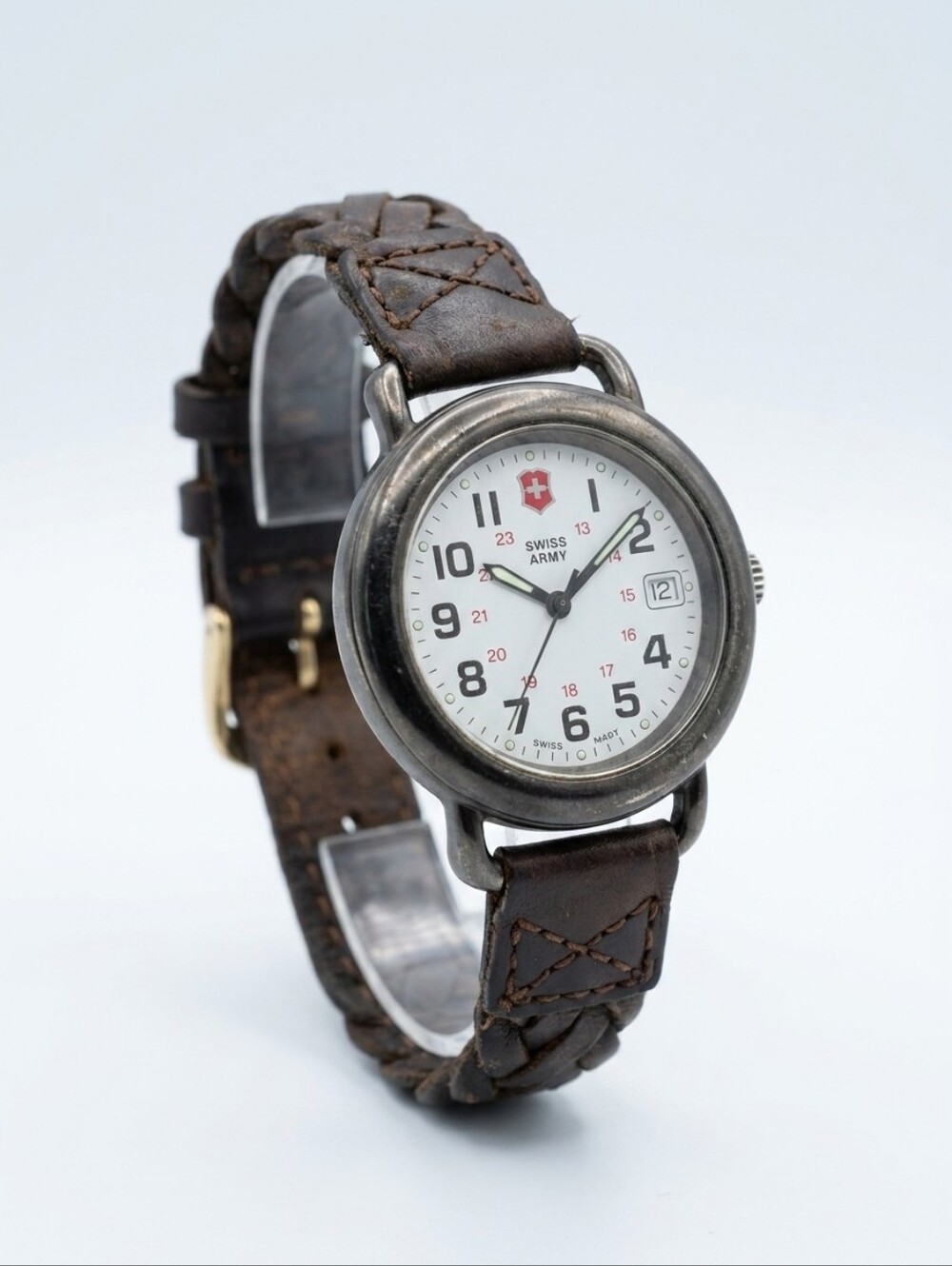 Swiss-Style Men's Braided Black Leather Watch with White Dial